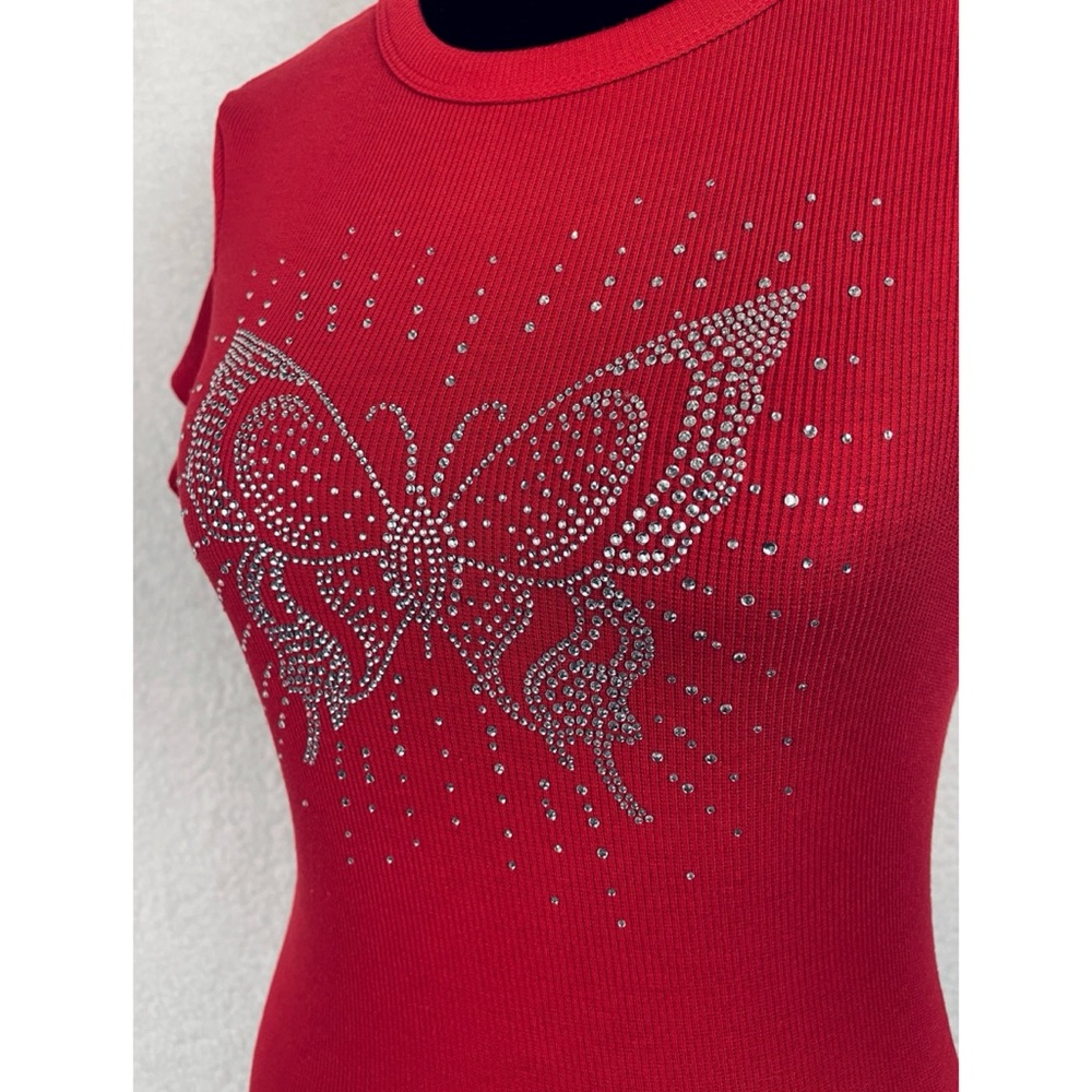 ORANGE KISS • Red/Silver Y2K Rhinestone Butterfly Ribbed Short Sleeve Tee, M - Picture 5 of 13